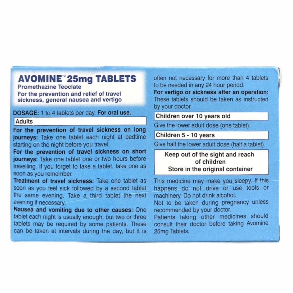 Avomine Travel Sickness 25mg (Promethazine) - 10 Tablets