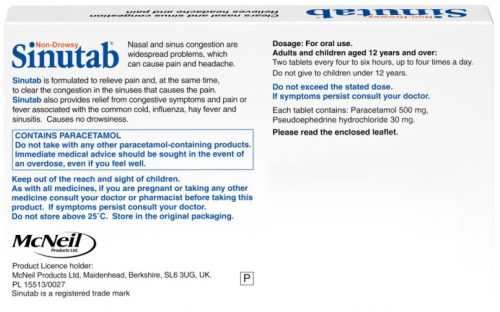 Sinutab Non-Drowsy Congestion Relief - 15 Tablets