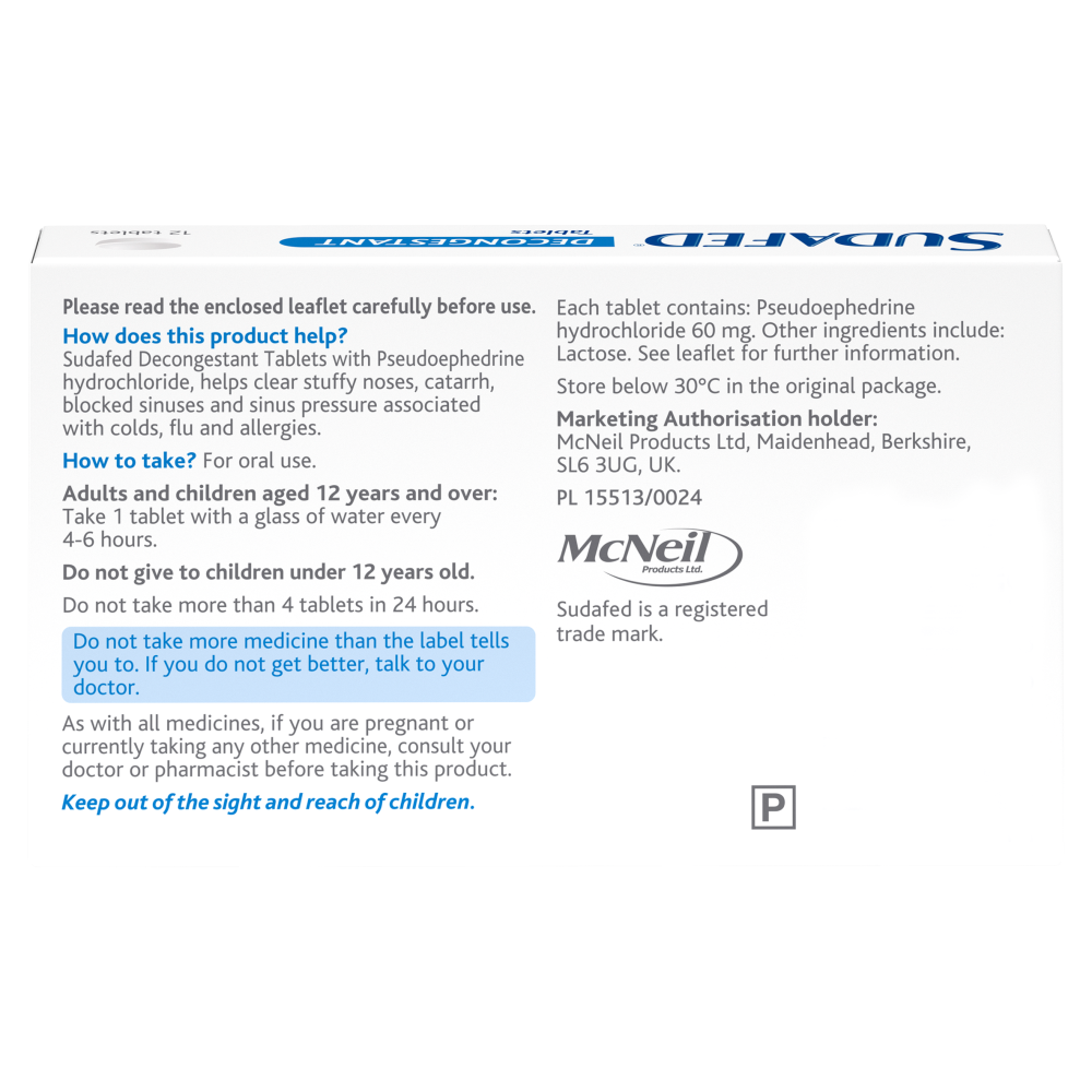 Sudafed Decongestant Non Drowsy - 12 Tablets