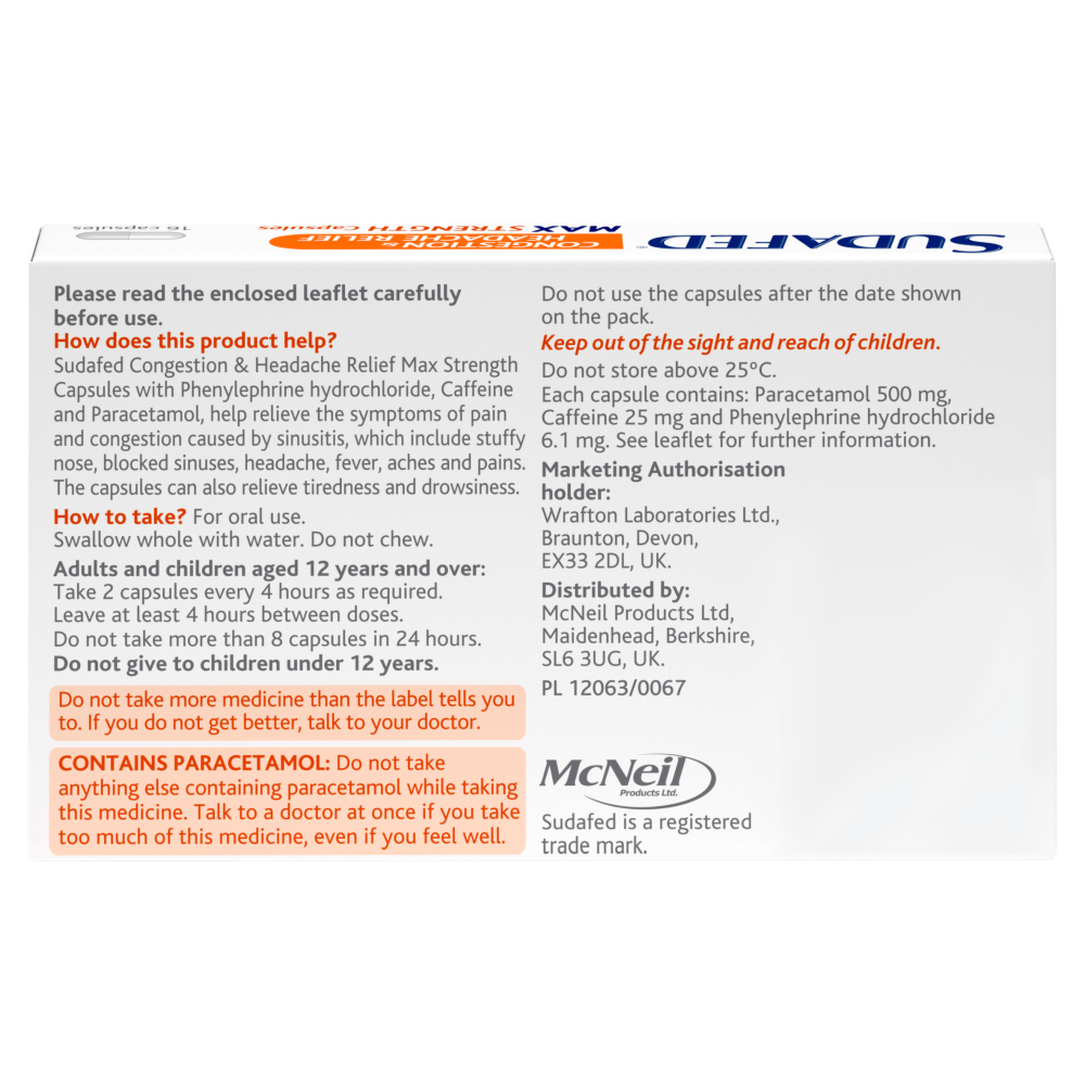 Sudafed Congestion and Headache Relief Max Strength - 16 Capsules