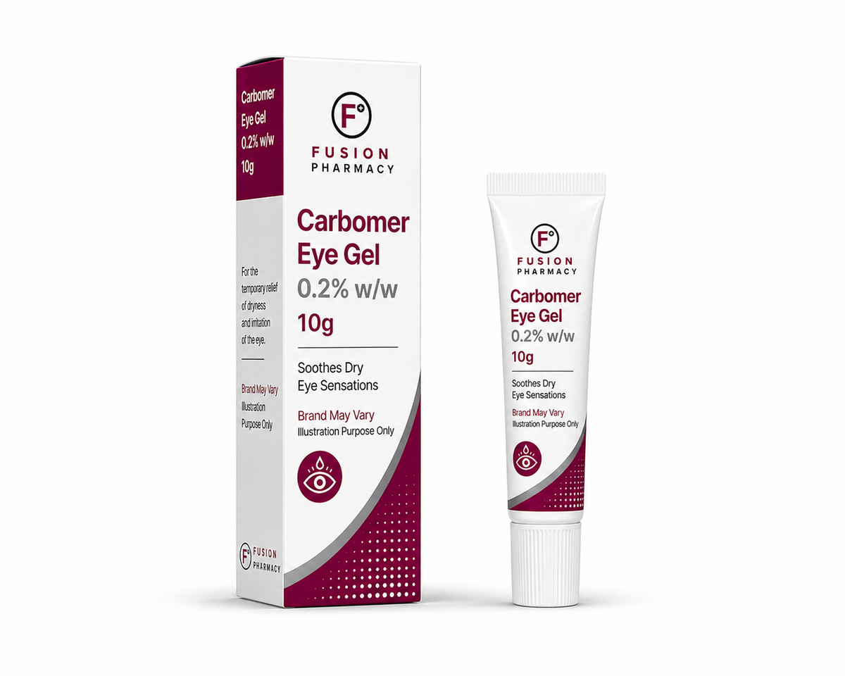 Fusion Pharmacy Carbomer Eye Gel packaging and tube on a white background