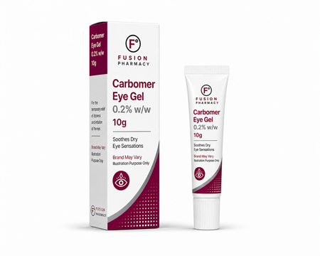 Fusion Pharmacy Carbomer Eye Gel packaging and tube on a white background