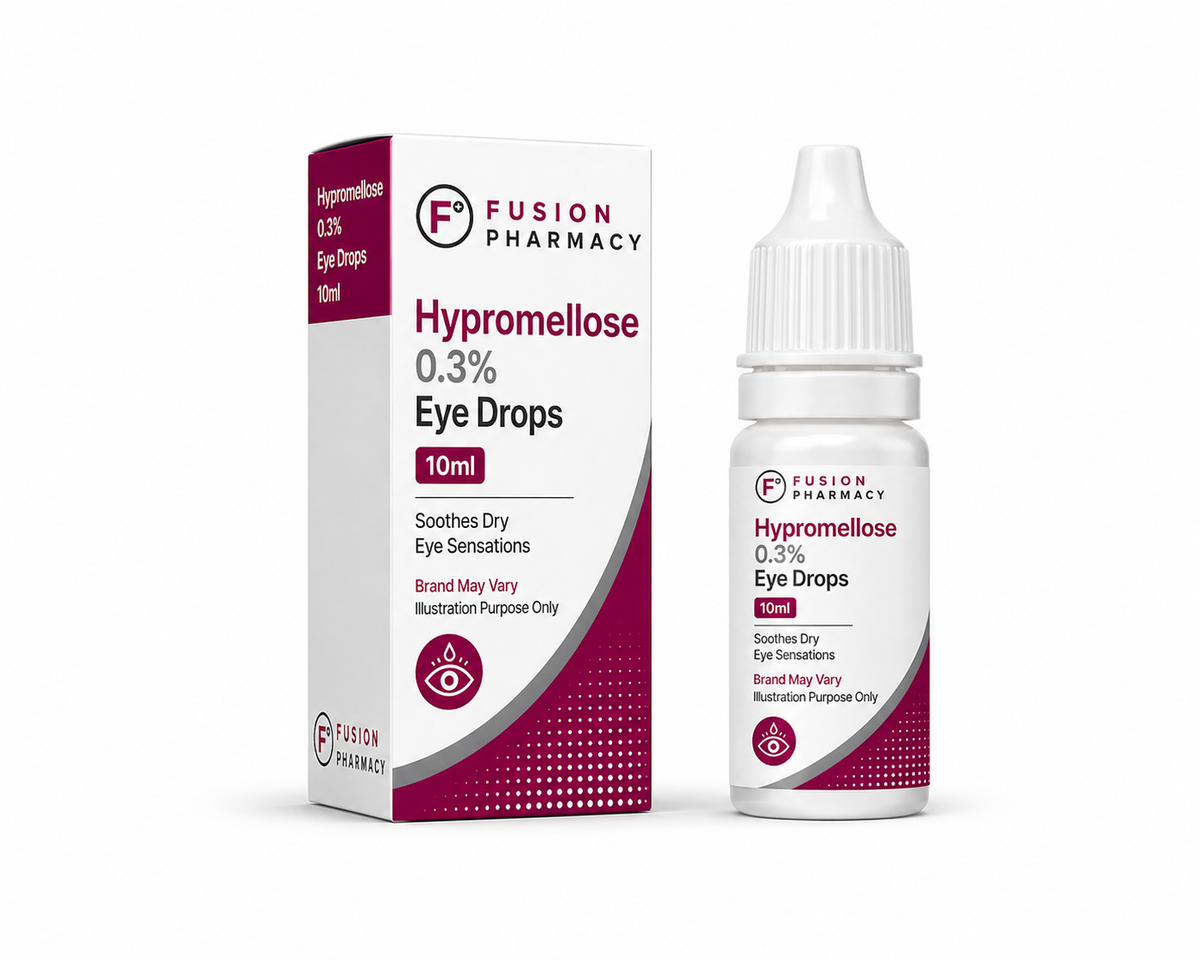 Fusion Pharmacy Hypromellose 0.3% Eye Drops packaging on a white background