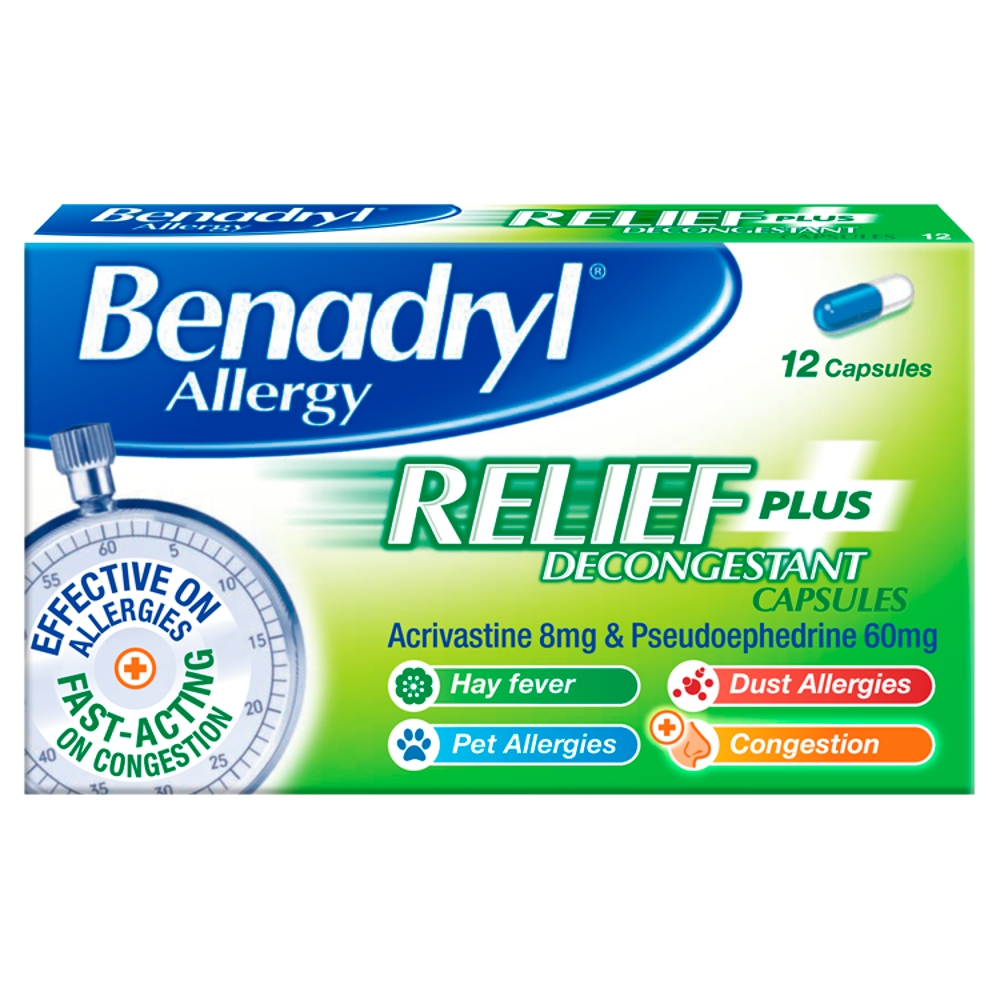 Benadryl Allergy Relief Plus Decongestant Capsules - 12 Capsules product image - Fusion Pharmacy UK