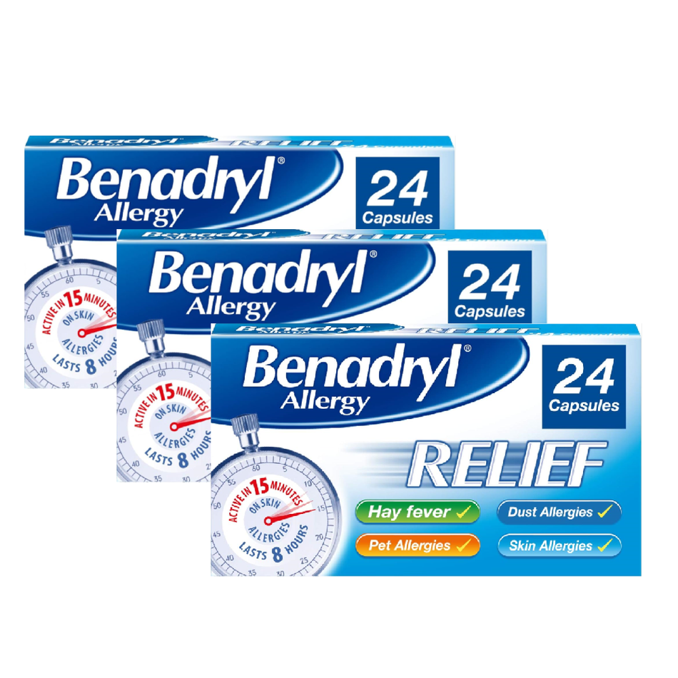 Benadryl Allergy Relief - 24 Capsules - 3 Packs product image - Fusion Pharmacy UK