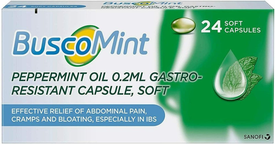 Buscomint Peppermint Oil 0.2ml Gastro-Resistant Soft - 24 Capsules product image - Fusion Pharmacy UK