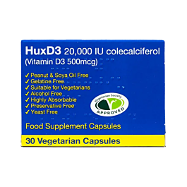 HuxD3 Colecalciferol 20000IU (500mcg) Vitamin D3 - 30 Capsules product image - Fusion Pharmacy UK
