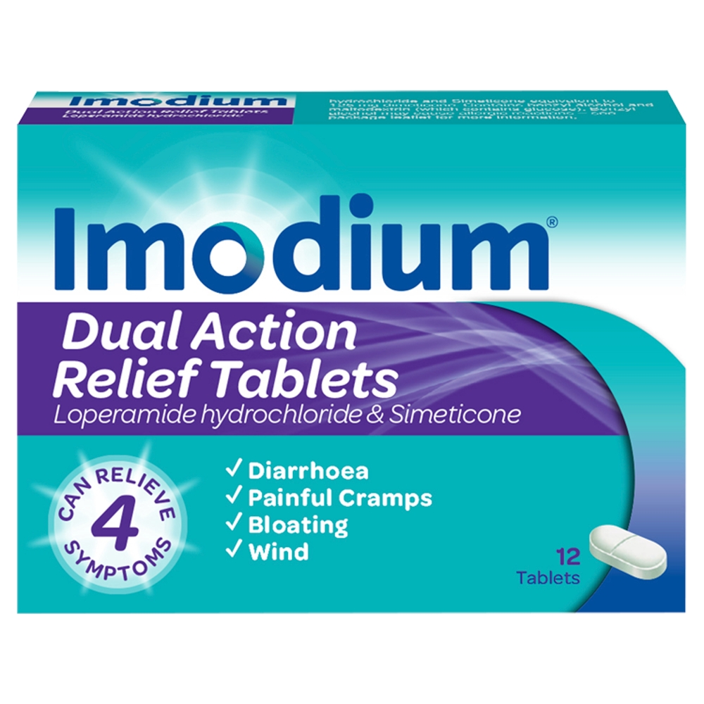 Imodium Dual Action Relief - 12 Tablets product image - Fusion Pharmacy UK