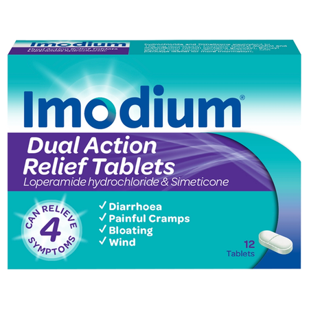 Imodium Dual Action Relief - 12 Tablets product image - Fusion Pharmacy UK