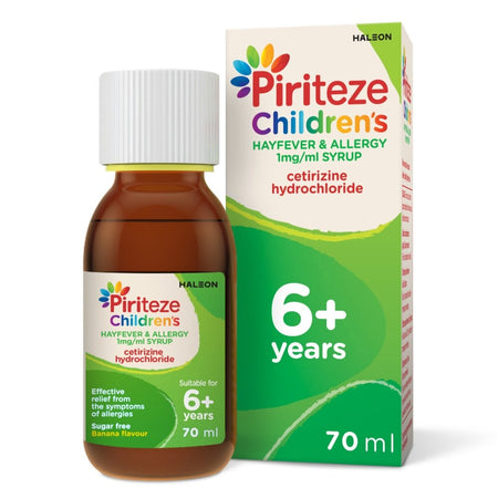 Piriteze Allergy Syrup (6 Years +) Sugar Free Banana Flavour - 70ml product image - Fusion Pharmacy UK