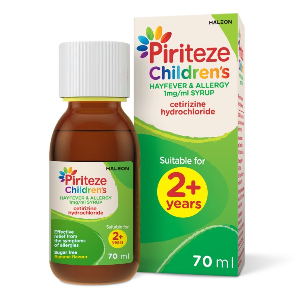 Piriteze Allergy Syrup (2 Years +) Sugar Free Banana Flavour - 70ml product image - Fusion Pharmacy UK