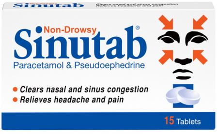 Sinutab Non-Drowsy Congestion Relief - 15 Tablets product image - Fusion Pharmacy UK