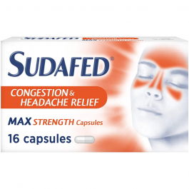 Sudafed Congestion and Headache Relief Max Strength - 16 Capsules product image - Fusion Pharmacy UK