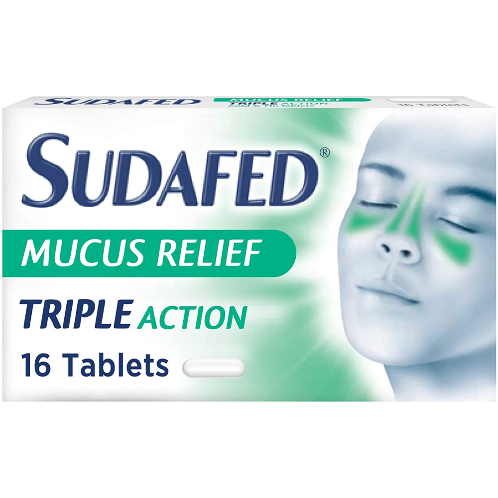 Sudafed Mucus Relief Triple Action Cold & Flu - 16 Tablets product image - Fusion Pharmacy UK